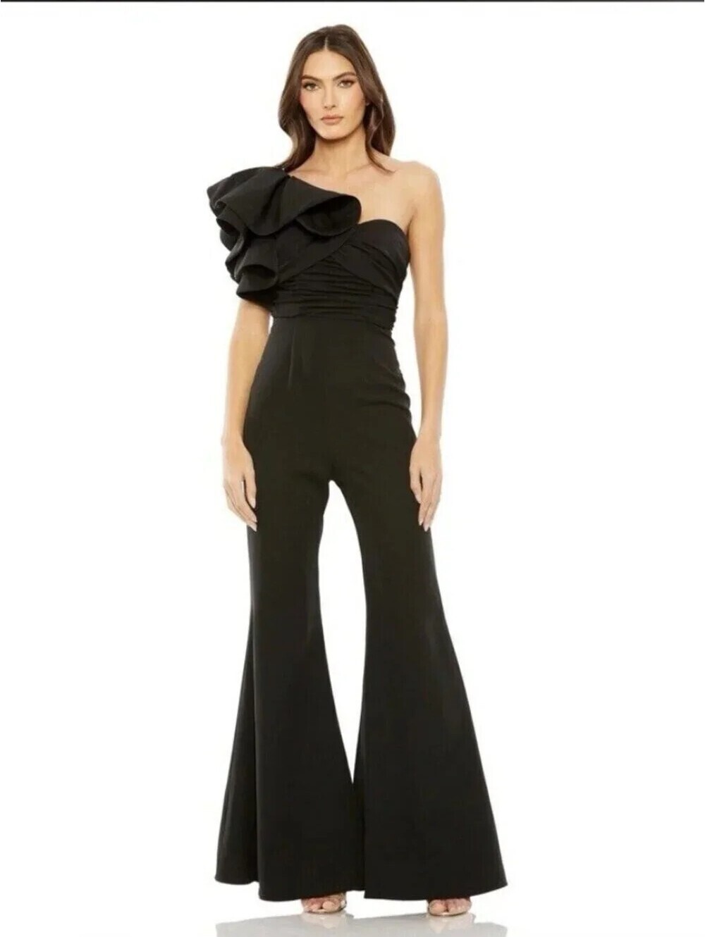 New Leena for Mac Duggal Black One Shoulder Ruffle Jumpsuit 2 NWT